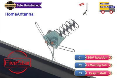 Motorized 360° Rotation HDTV Outdoor Amplified Antenna w/ Pole 1080P 4K