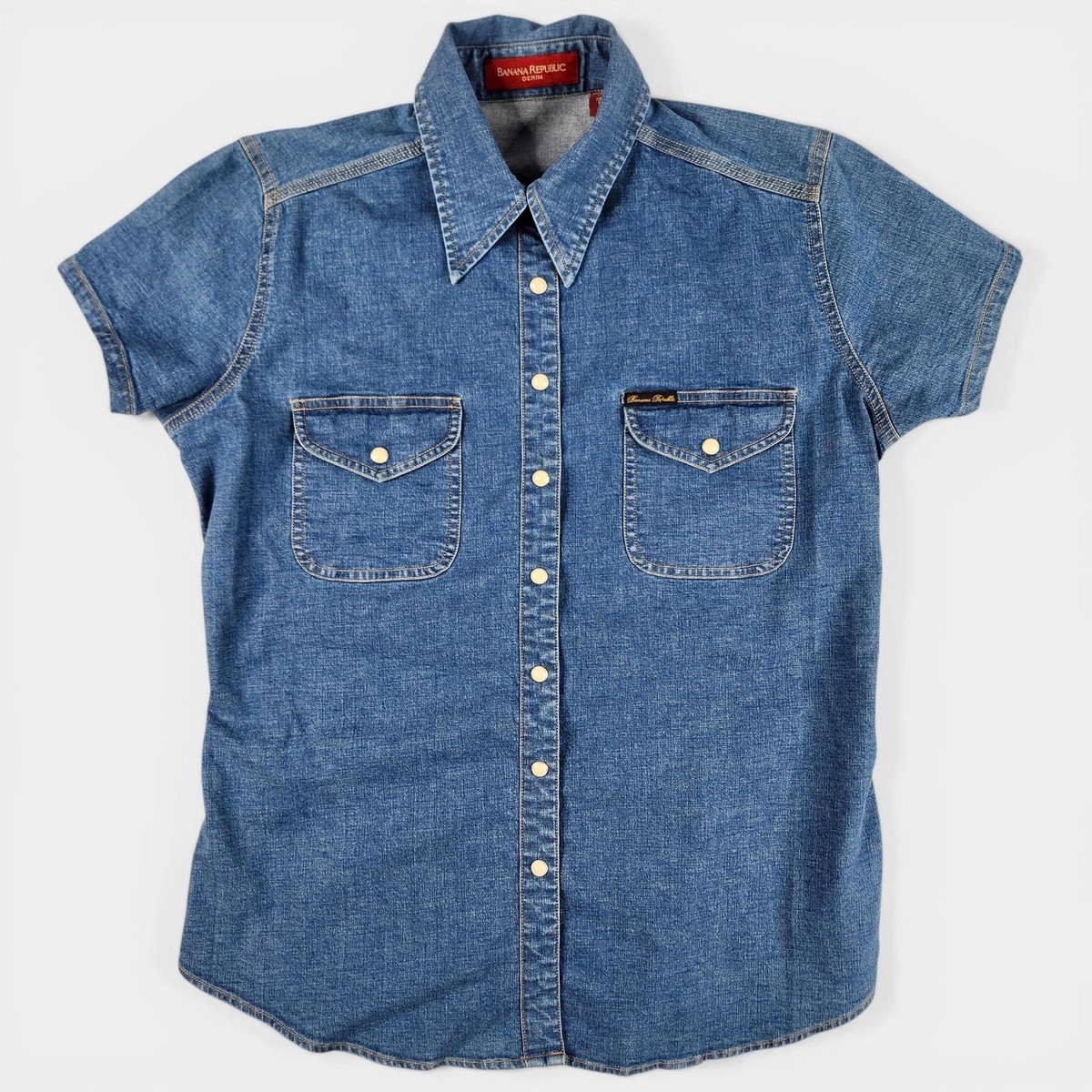 トップス 80's BANANA REPUBLIC DENIM SHIRT VTG OLD Vintage Banana Republic Denim Shirt Women Small Blue Pearl Snap