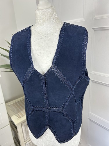 Liz Claiborne Leather Waistcoat Chest Size 36in With Lace Design Trim In Blue - Picture 5 of 17