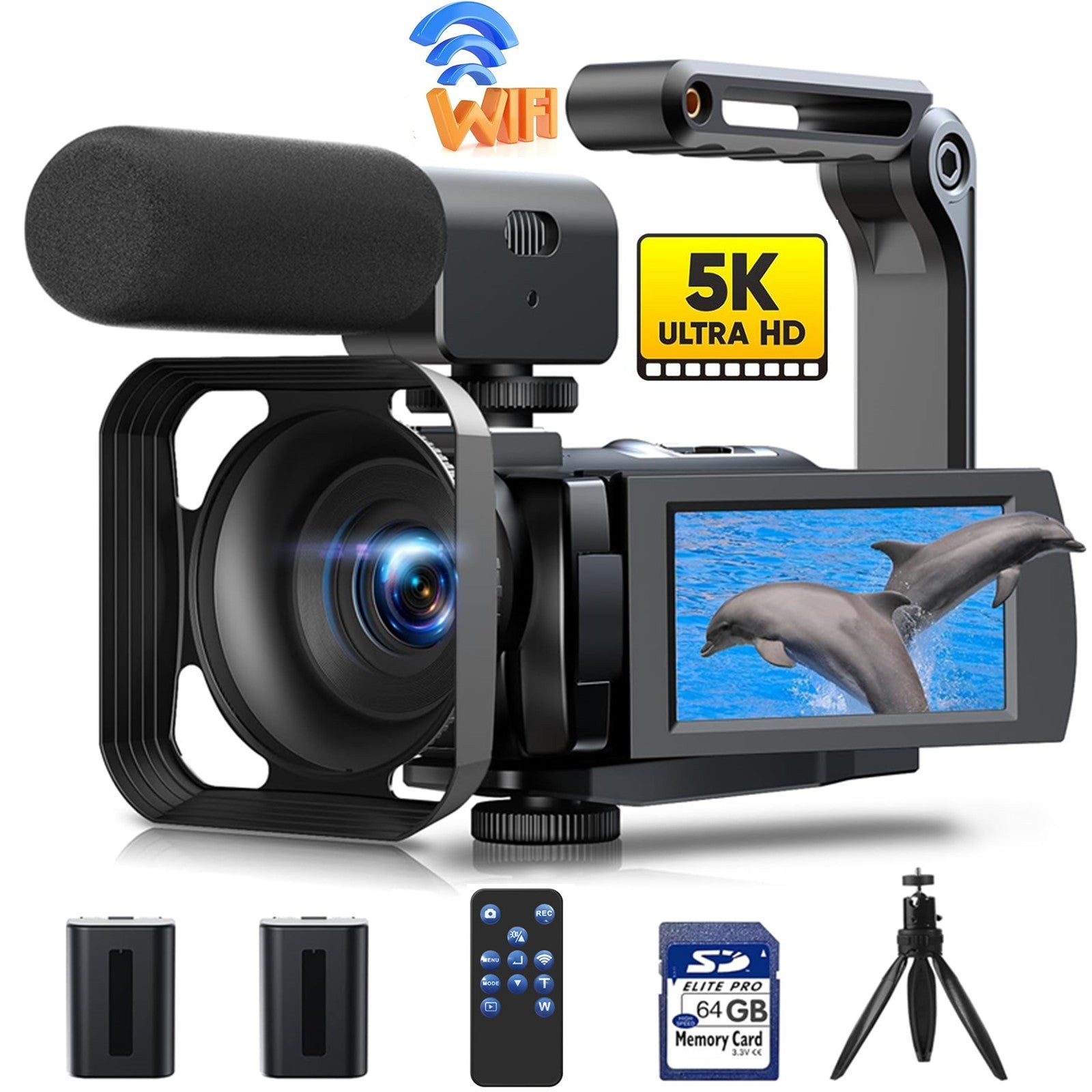 5K Camcorder 56MP Video Camera WiFi IR Night Vision with Microphone,Tripod&64GB