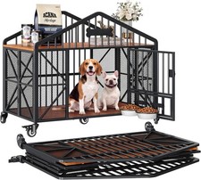 41.5" Foldable Dog Crate Furniture with 5 Wheels  Adjustable Bowls No