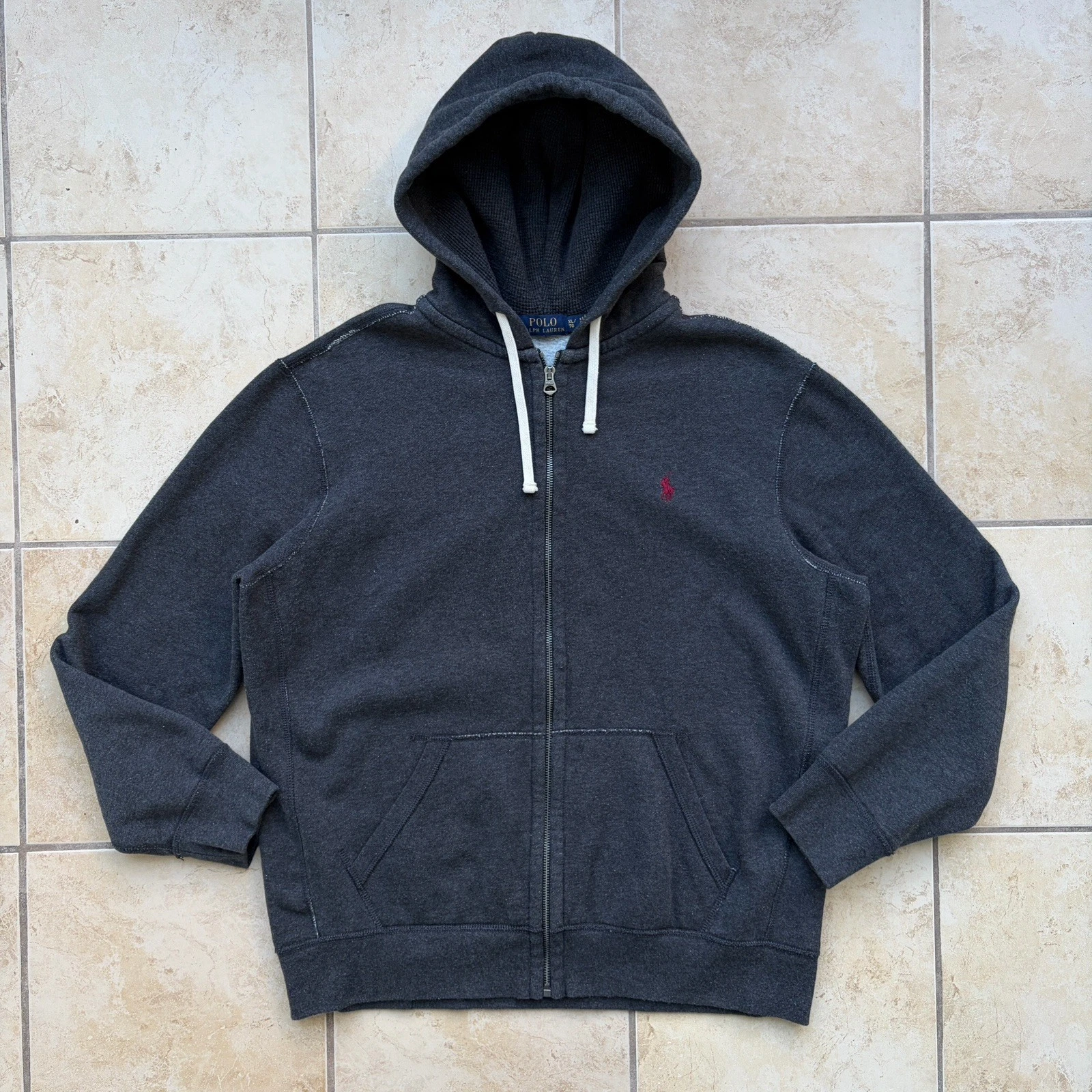 Polo Ralph Lauren Hoodie Mens XL Gray Full Zip Thermal Lined Fleece Sweatshirt