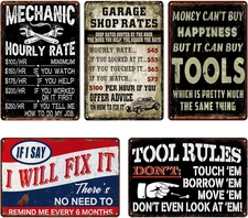 Vintage Garage Signs 5 Pack 12x8" Man Cave Wall Decor, Retro Mechanic Signs Set