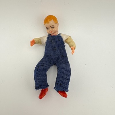VTG German Caco Dollhouse Boy Son Doll Blue Overalls White Shirt Red Shoes 3''