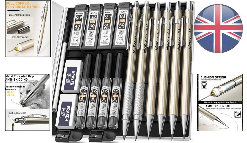 Complete 6PC Fine Point Mechanical Pencil Set with Earsers & Lead for Sketching - Image 2 of 4