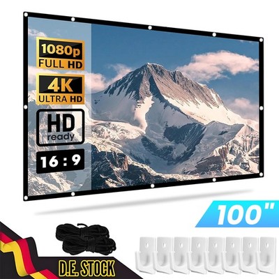 100'' Beamer Leinwand Rollo Faltbarer Projector Screen Outdoor 16:9 HD Mit Haken