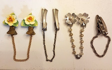 Sweater Clip PIN LOT Faux Pearl Flowers Chain Pincher Clasp Granny Chic VTG READ