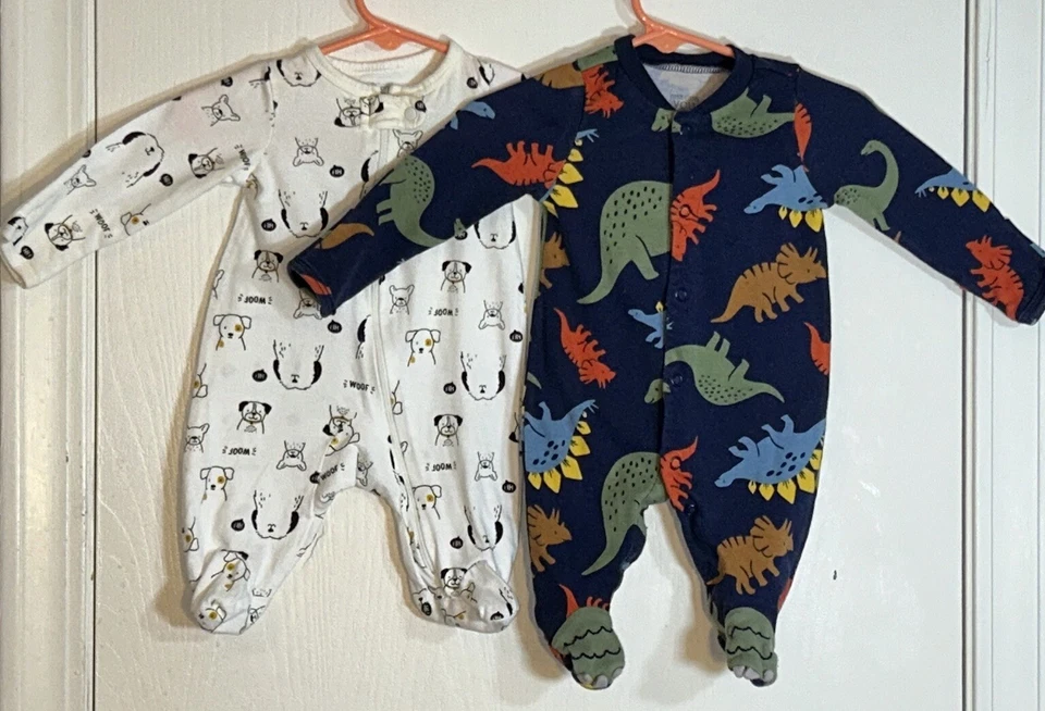 Just One You Baby Boy Sleeper-Lot of 2 White/Black Dogs Navy Blue Dinosaurs EUC - Image 3 of 4