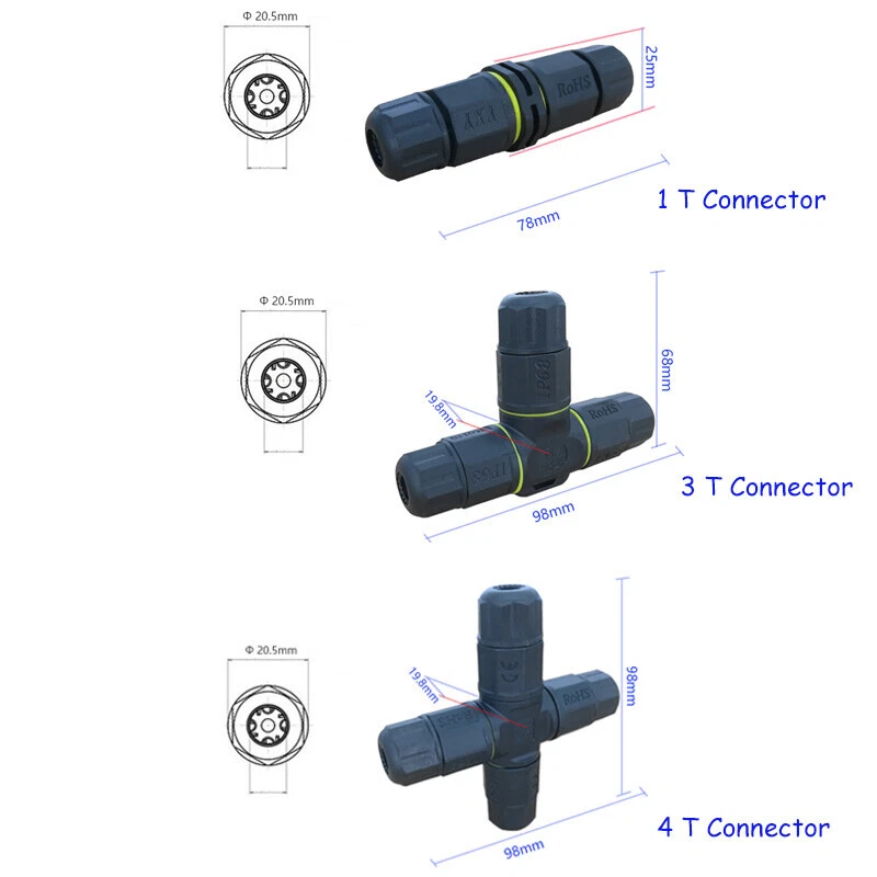IP67/68 Waterproof Cable T Connector 3 Way 2,3,4,P Wire Outdoor Garden Led Light - Image 4 of 4