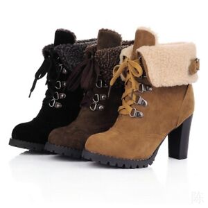 New Womens Chunky Block Mid Heel Zip up Fleece Lined Ankle Ladies Boots Shoes