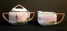 Antique Nippon Moimura Bros Hand Painted Cream And Sugar River Scene 1911-1921