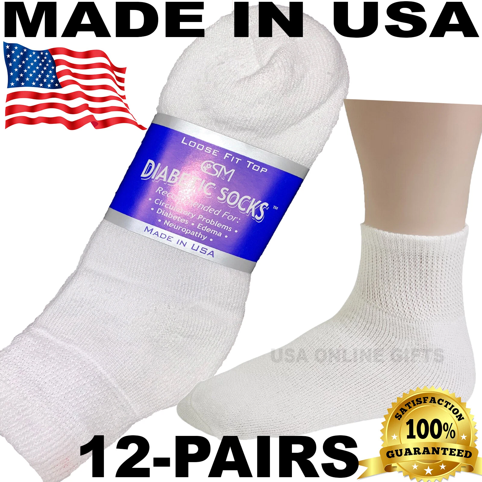 BEST QUALITY CRESWELL 12 PAIRS WHITE DIABETIC ANKLE SOCKS 9-11 SIZE MADE IN USA