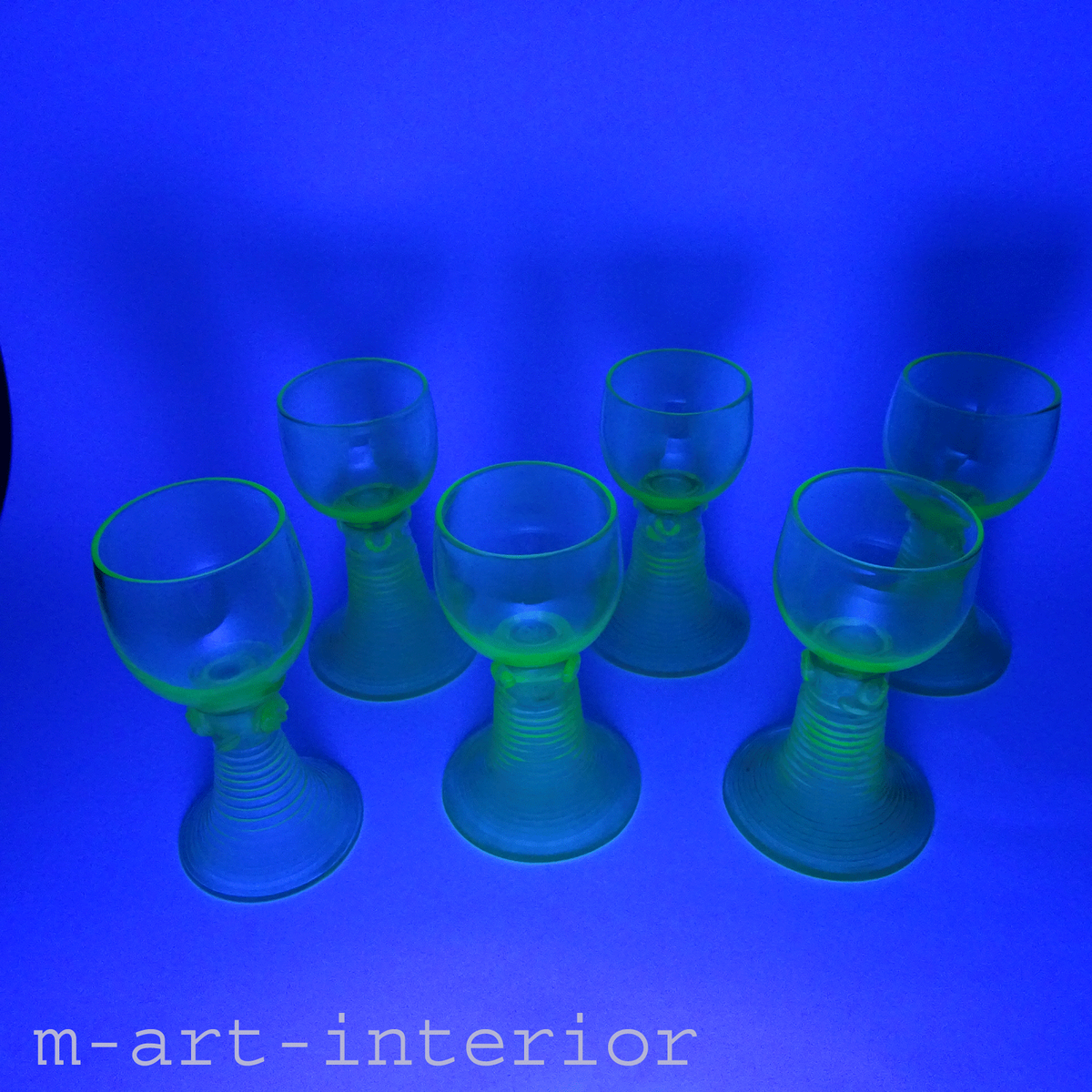 6x Antike Römer, Uran-Glas, Weinglas 🍀 Uranium Glass, Böhmen, 19