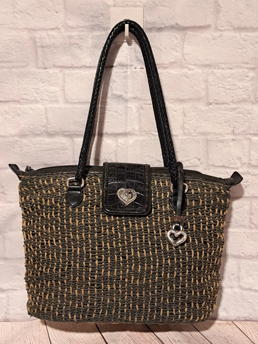 Vintage Brighton Sadie Green Tan Basket Weave Straw Handbag Purse Tote Bag