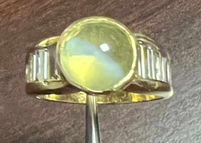 18k Gold 3.80ct Natural Honey Chrysoberyl 1.25ct Diamond Baguette Ring 6 Grams
