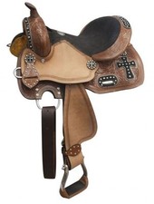 10 or 12" Double T Barrel Saddle with Silver Beaded Black Suede Cross Overlay 