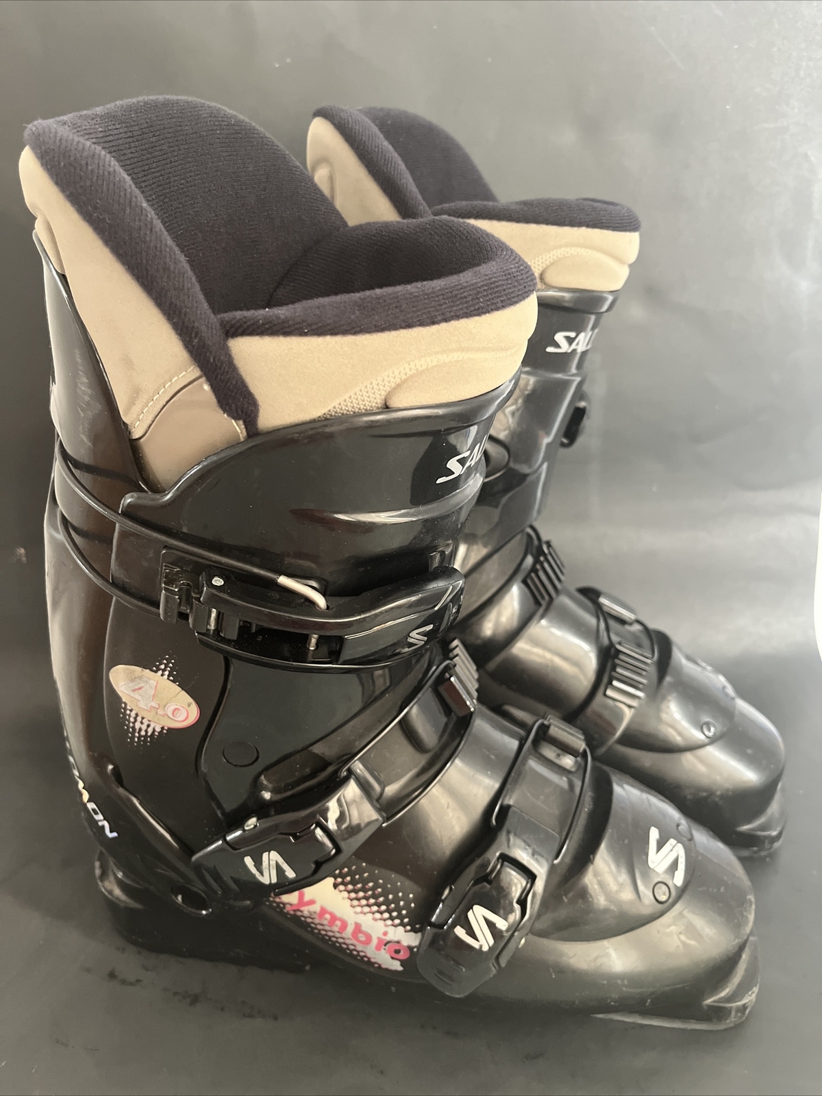 Stivali da sci Salomon Symbio 4.0 da donna taglia 26 5 neri marrone chiaro in scatola vintage 1989