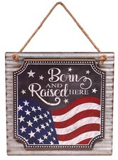 Patriotic American Flag Hanging Sign - 12 Inch Square MDF Wood on Metal