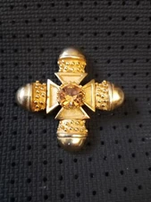  Vintage Benedikt NY Maltese Cross CITRINE Ornate Rhinestone Brooch Pin