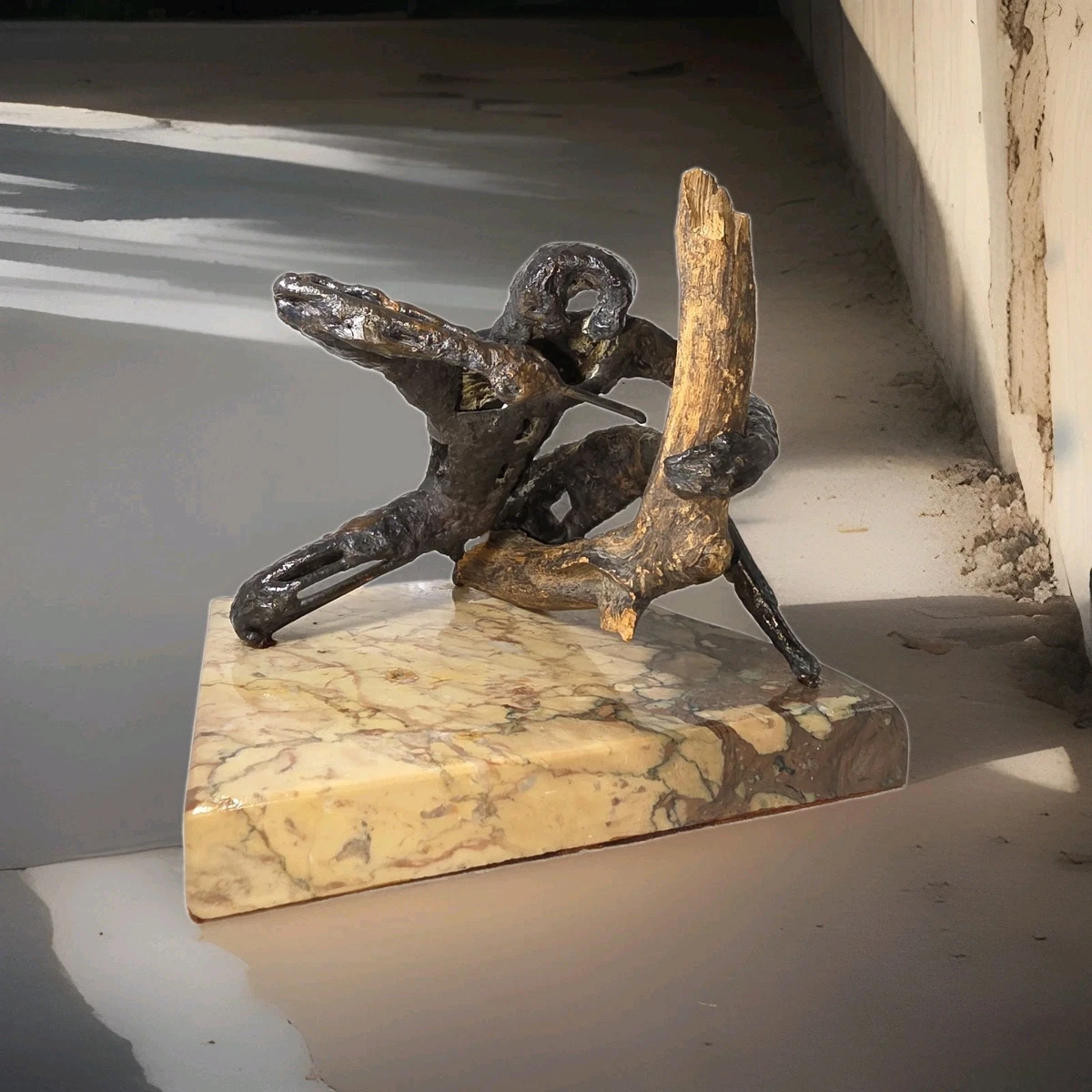 Century Brutalist Welded Metal & Wood Figurative Sculpture on Marbled Stone Base
