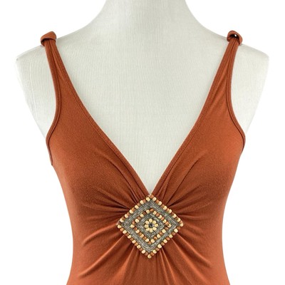 Yuka Women s Small Tank Top Sleeveless V-Neck Gem Beaded Terracotta Rust Orange