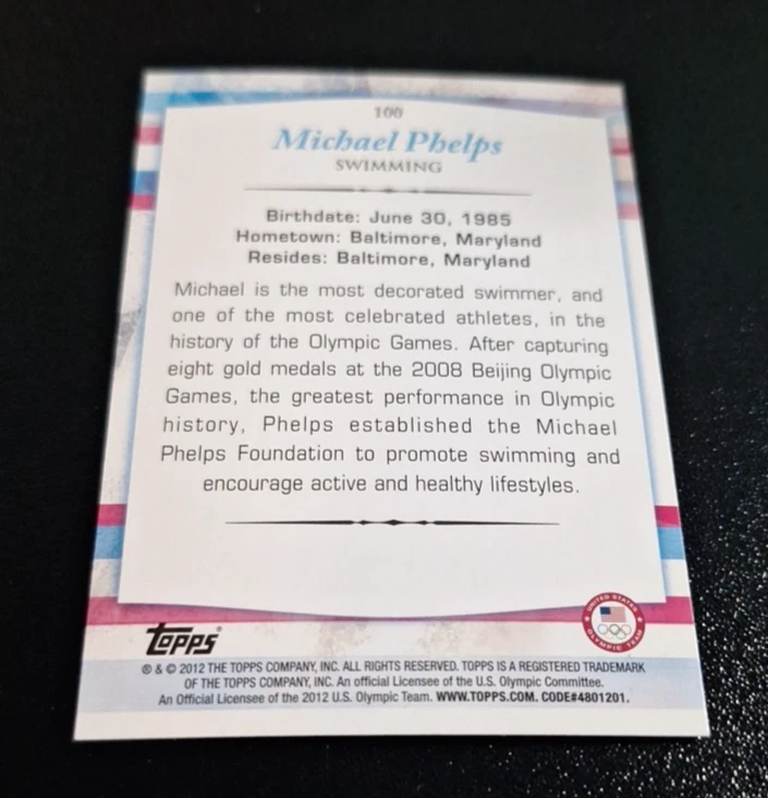 2012 TOPPS 美国奥林匹克队和希望 #100 迈克尔·菲尔普斯游泳 NRMT-MT!!! — 第 2/2 张图片