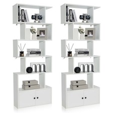 2PCS 6-tier Geometric Bookcase S-shaped Z-shelf Bookshelf Cabinet w/ Doors White