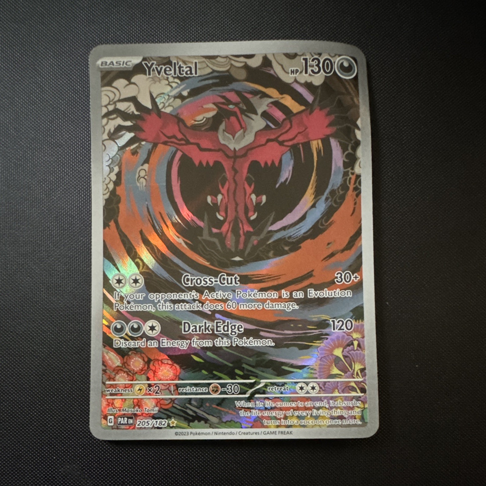 Pokemon Card Yveltal Paradox Rift IR Holo 205/182 - Water Damaged