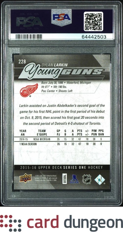 Dylan Larkin 2015 Upper Deck #228 - 64442503 PSA 9 - Image 2 of 2
