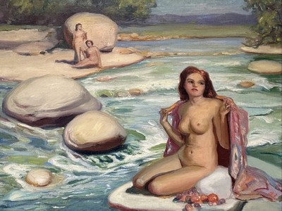 Antique Painting Pretty Woman Women Bathing River Landscape 1940 s Mystery Oil