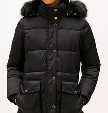 TOMMY HILFIGER WOMENS PUFFER COAT FAUX FUR HOOD SNAP  ZIP NAVY BLACK SIZE S M L