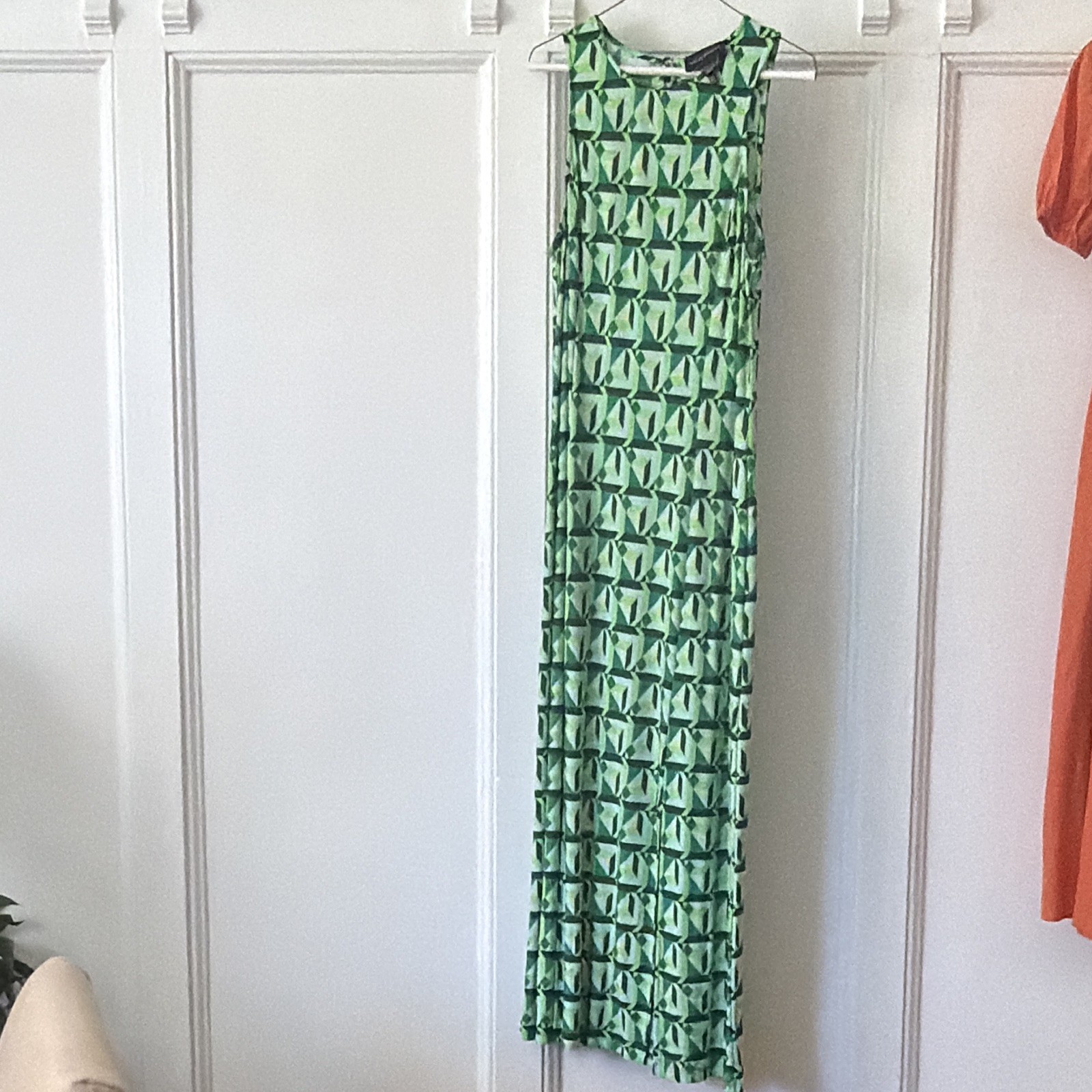 Donna Morgan Green Geometric Sleeveless Scoop Neck Maxi Dress Zip, Size 14