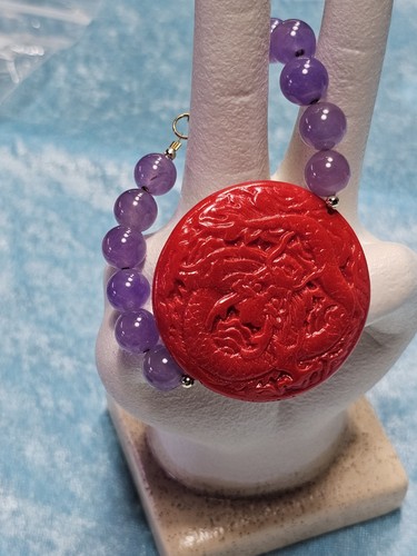 Vintage Chinese Red Cinnabar Carved Purple Glass Beaded Bracelet Spring Closer