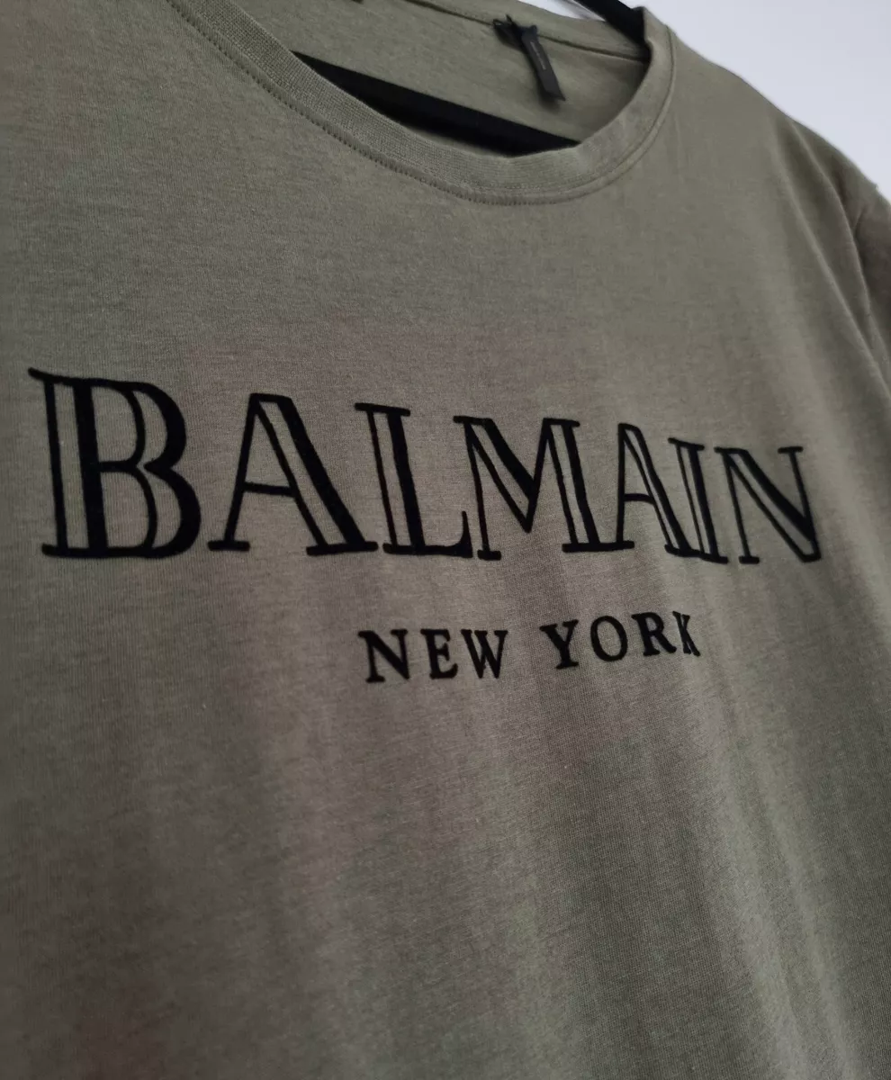 Men&#039;s BALMAIN x H&amp;M T-Shirt Tee Logo M Cotton Khaki Green New York | eBay