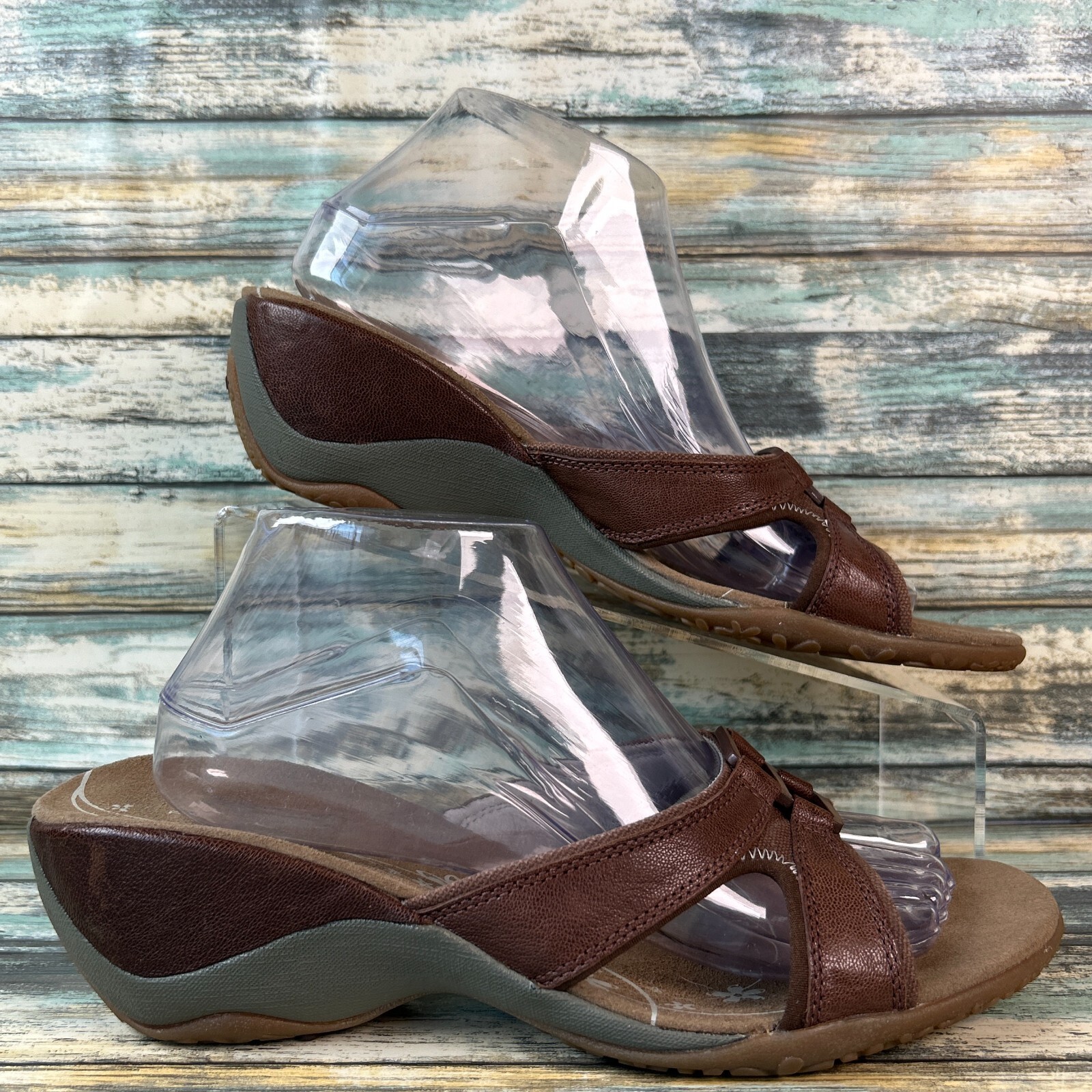 Sandali Merrell Slide taglia 10 pelle marrone zeppa tacco casual comodi tutti i giorni