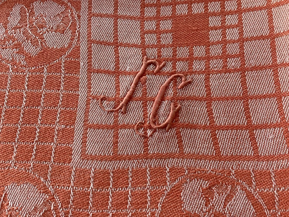 Linge ancien, 8 serviettes de table anciennes damassés rouge monogramme FC - Photo 3/4