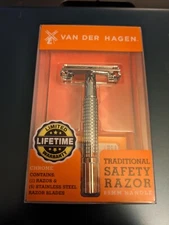 NEW - Van der Hagen - Trad. Safety Razor Kit - 5 Stainless Steel Blades -Chrome