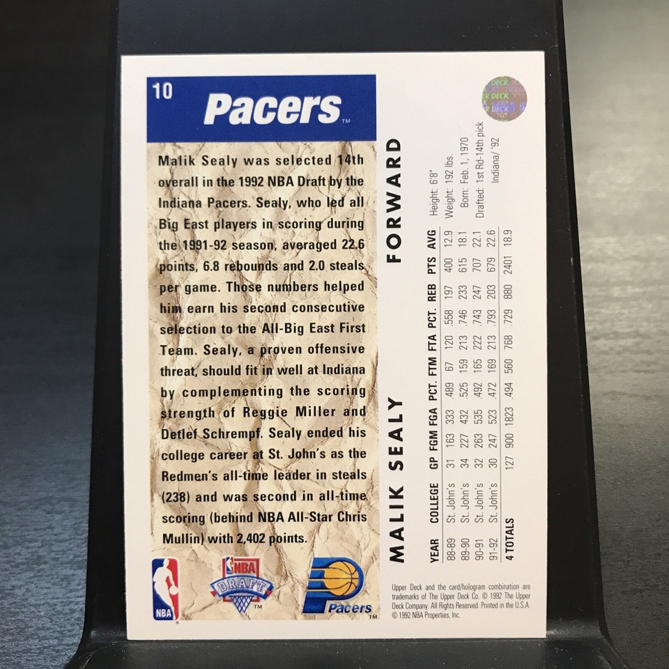 1992-93 Upper Deck Basketball Card Malik Sealy Rookie Indiana Pacers ...