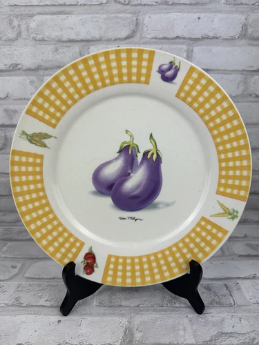 Tabletops Unlimited Fresh Vegetable Dinner Plate 10.75" Eggplant Yellow Checked