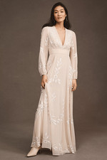 New Anthropologie BHLDN Belize Embroidered A-Line Long-Sleeve V-Neck Gown size U