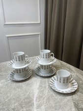 Vintage Chinese Porcelain Coffee Cups & Saucers Set of 4 Brown Geometric Pattern