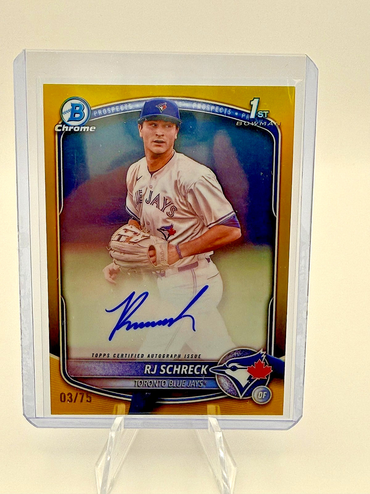 2025 Bowman Chrome RJ Schreck Auto Yellow Refractor 1st Prospect #3/75 Blue Jays