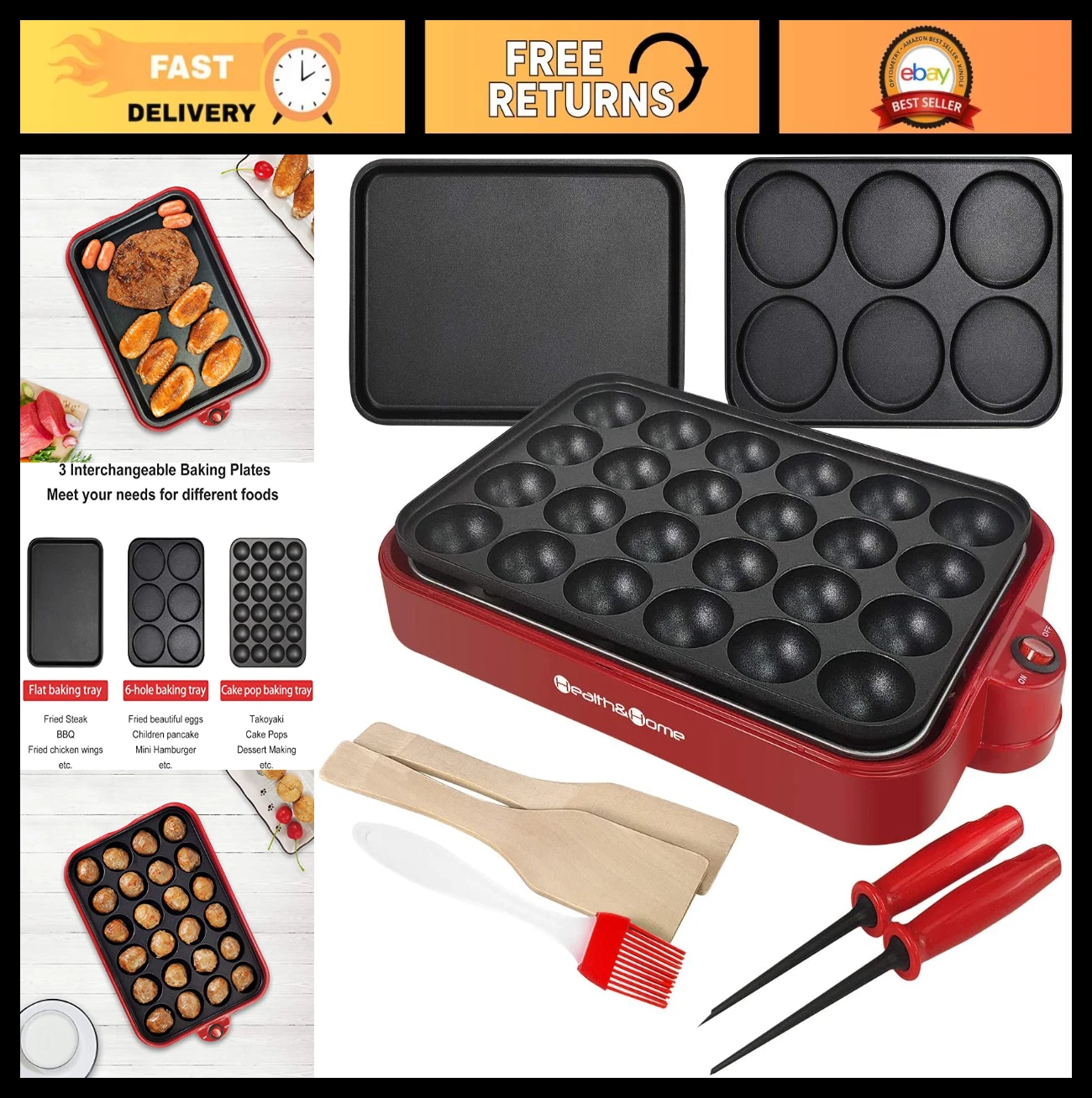 Multifunction Nonstick Baking Maker with 3 Plates for Eggs, Steak, Takoyaki & Ca