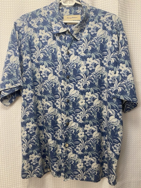 Tommy Bahama 100% Silk Camp Shirt Hibiscus Floral Palm Print Men’s L Blue Surfer