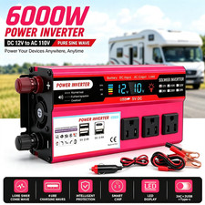 6000W Pure Sine Wave Power Inverter DC12V to AC110V 3AC USB Type-C LCD Converter