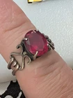 Vintage Sterling Silver Ring Signed S 925 Large Oval Magenta Simulated Ruby 6.5