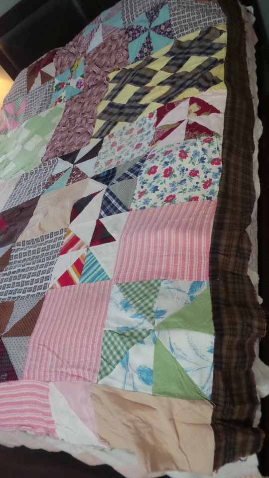 Vtg Patchwork quilt topper VIBRANT colors machine stitched MULTI COLORS 81x73" - Image 4 of 4