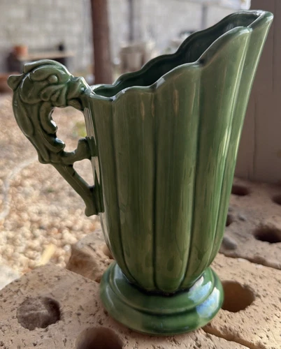 Vintage Shawnee Ceramic Green Glaze USA Dragon Handle Pitcher Vase 1940's  #828