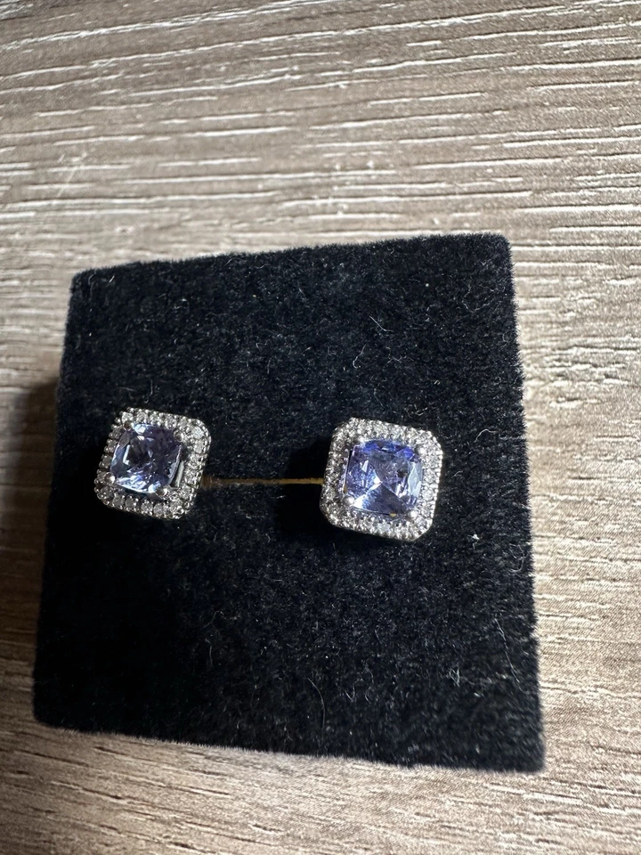 Brinco de prata esterlina 925 corte almofadado violeta halo pedras cintilantes - Imagem 3 de 4