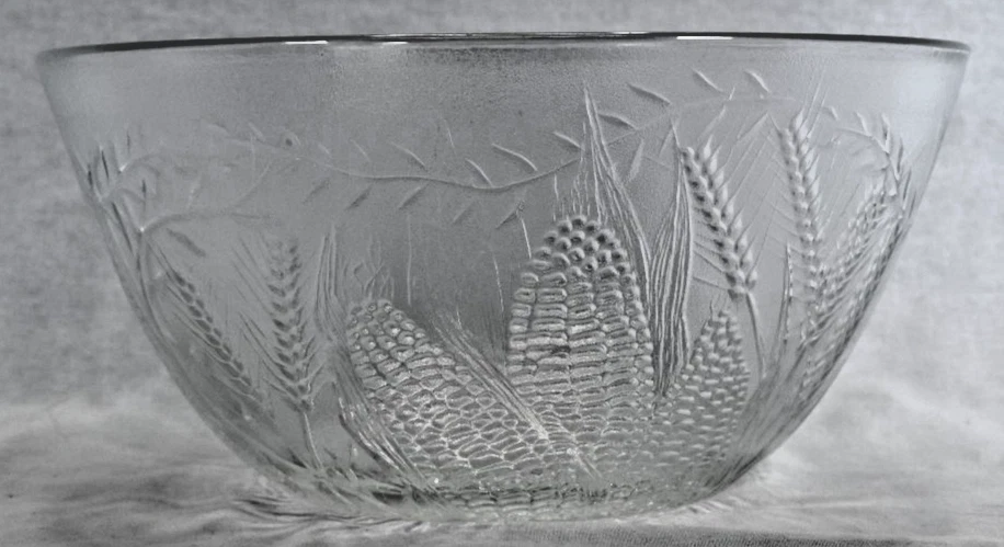 Cuenco de vidrio transparente Duralex vintage de 11" patrón de cosecha de trigo de maíz en relieve Francia Foto 4 de 4